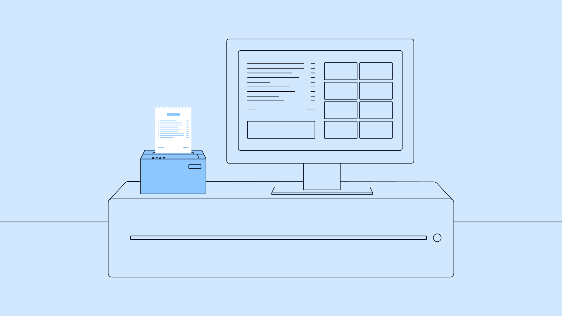 POS printing in VDI: A receipt printer and monitor on a VDI POS system, simplifying operations.